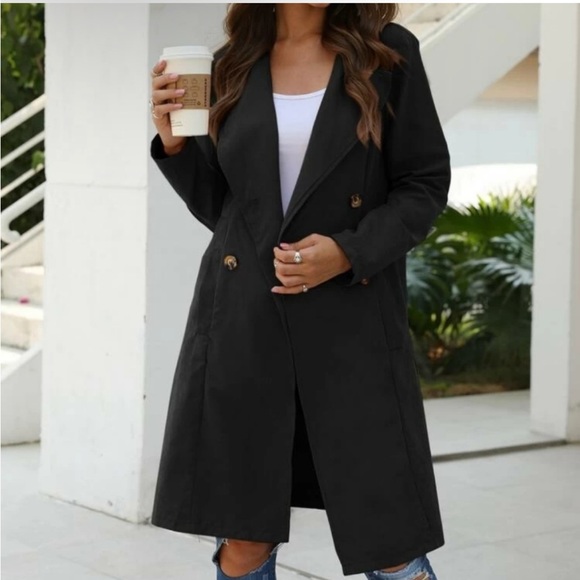 SHEIN Suede Double-Breasted Lightweight Long Coat, Black | S - Picture 4 of 16